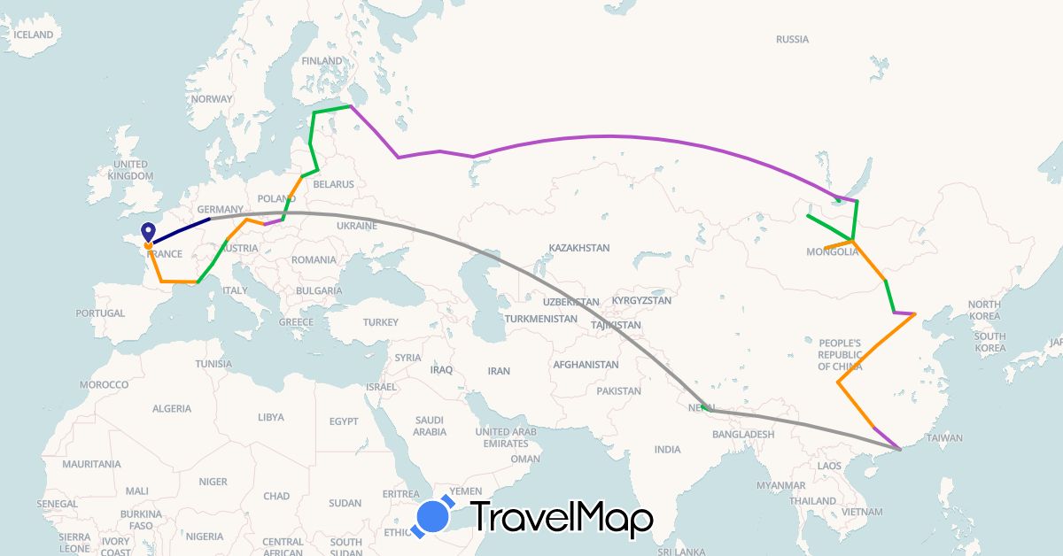 TravelMap itinerary: driving, bus, plane, train, hitchhiking in China, Czech Republic, Germany, Estonia, France, Hong Kong, Italy, Lithuania, Latvia, Mongolia, Nepal, Poland, Russia (Asia, Europe)