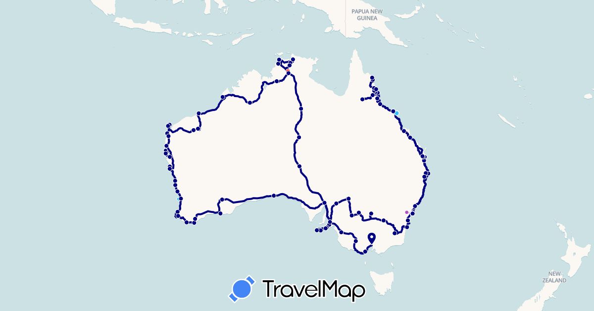 TravelMap itinerary: driving, plane, train, hiking, boat in Australia (Oceania)